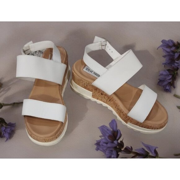 White Shoes - Steve Madden Brenda Thick Strap Platform Sandal Shoe White Size 8 Leather